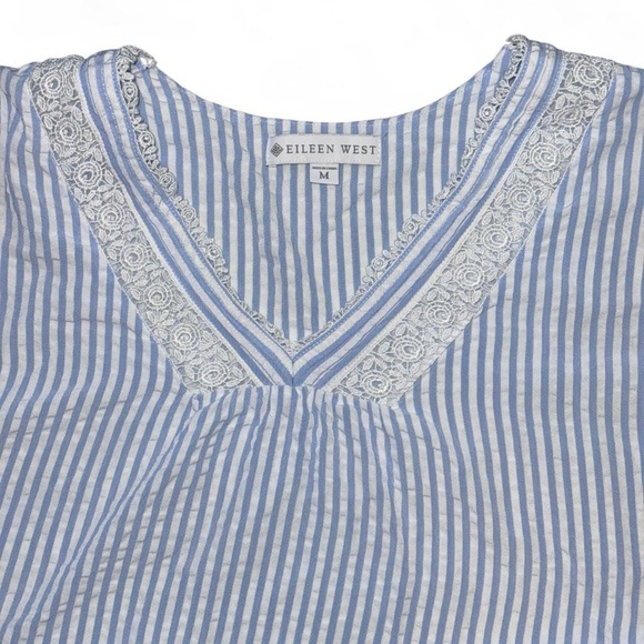 Eileen West Striped Seersucker Caftan Nightgown Blue White Pockets Size Medium - Picture 8 of 11